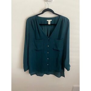 HM Teal Green Jacquard Dot‎ Button Down V-Neck Blouse Top Size 10